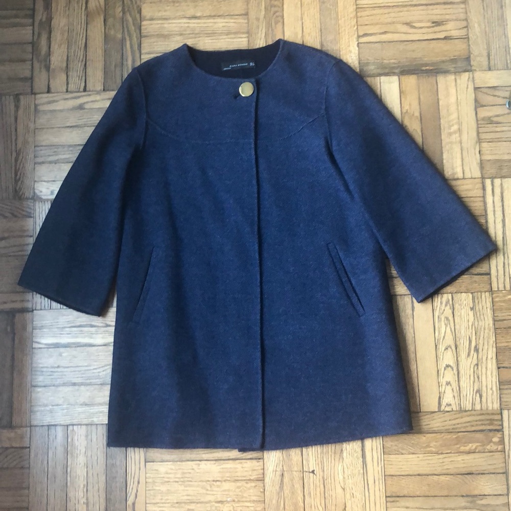 Zara Navy Blue Single Button Three Quarter Sleeve Coat, Size L